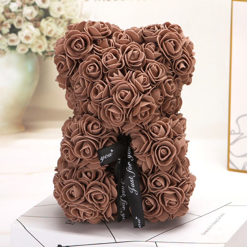 Ours créatif en roses artificielles marron décoratif pour cadeau romantique