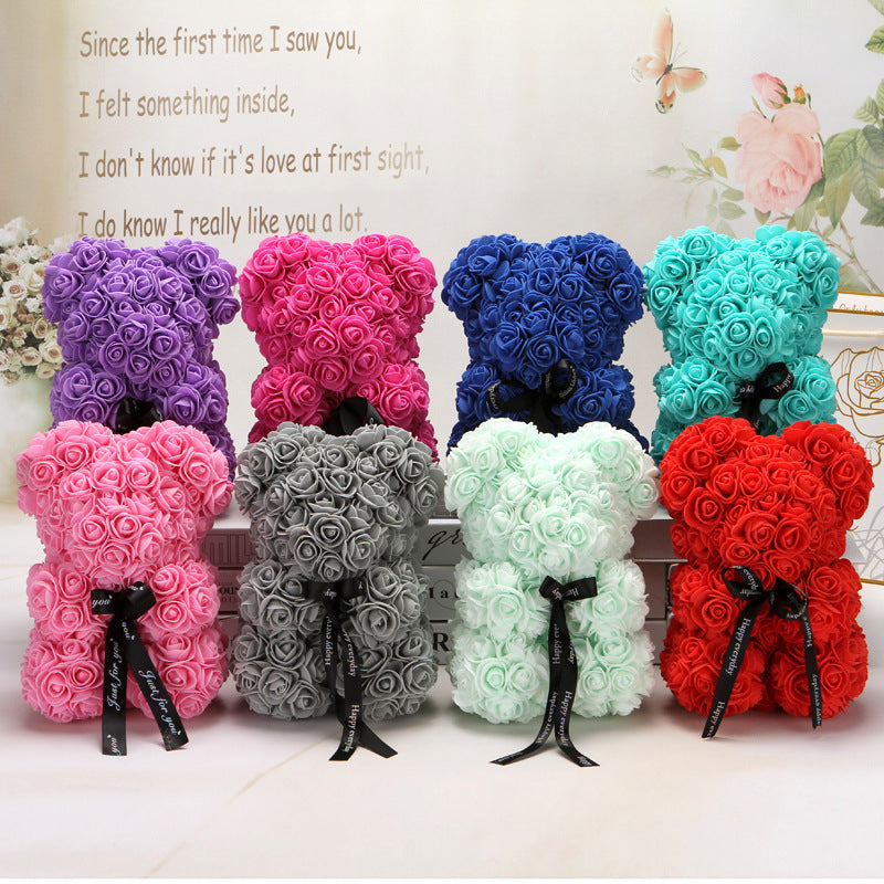 ours créatifs en roses artificielles multicolores décoratifs avec rubans noirs
