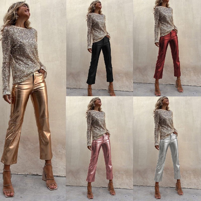 Elastic Waist Skinny Shiny Casual Pants - Echoed Goods